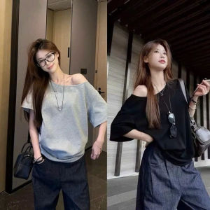 Áo Thun lệch vai nữ form rộng áo cộc tay trễ vai cá tính nữ basic chất cotton co dãn 4 chiều