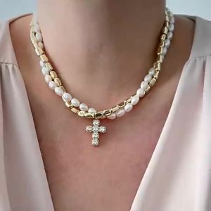 AE European and American Baroque Imitation Pearl Necklace for Women Niche Light Luxury with a High-End Feel Diamond-Encrusted Cross Pendant Clavicle Chain