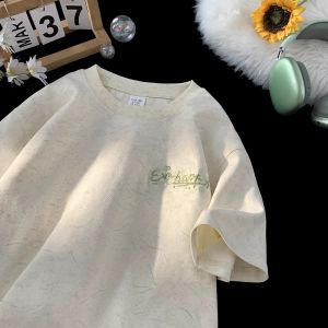 240G重磅砂洗冰丝短袖T恤男生夏季潮牌刺绣天丝半袖宽松圆领体恤