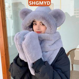 [COD] SHGMYD SPORTS หมวกฮู้ดหูหมี3-in-1ผ้าขนแกะกำมะหยี่อบอุ่นในฤดูหนาวชุดผ้าพันคอถุงมือชิ้นเดียวกันลมอุปกรณ์เสริมกลางแจ้งสำหรับสภาพอากาศหนาวเย็น