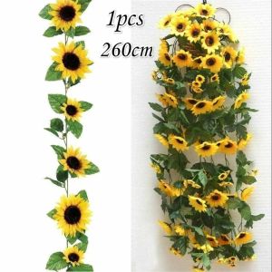 2.6m Simulation Sunflower Ivy Vine Artificial Flower with Green Leaves Hanging Garland Garden Fence Home Wedding Decoration