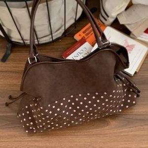 Polka Dot Suede Shoulder Bag Women Stylish Brown Slouchy Tote Drawstring Design Magnetic Buckle Bag With Star Pendant2026