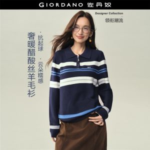 GIORDANO Women Sweaters Colorblock Striped Sweaters Half Zip Collar Embroidery Fashionable Casual Relaxed Sweaters 18356615