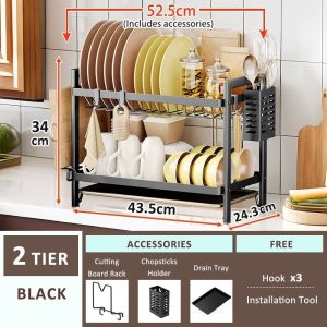 SimpleJoy 2/3-Tier Dish Drying Holder Rack Dish Drying Rack Plate Organizer Storage Shelf Kitchen Rack