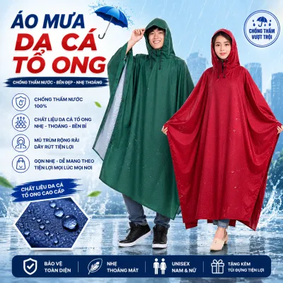 Áo mưa choàng cánh dơi cao cấp chất liệu vải dù da cá xẻ tà dày dặn không thấm nước - Áo mưa cánh dơi người lớn