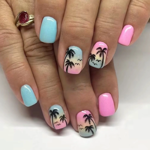 24 Pcs Glossy Full Cover False Nail Short Square Press On Nail Coconut Tree Stick on Nail Gradient Acrylic Nail