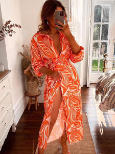 Printed V-Neck Lace Up Dress loral Lantern Sleeve Split Hip Package Ladies Dresses Summer Elegant Female Vestido