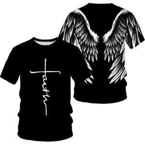 Faith Cross Mens T-Shirt 3D Angel Devil Wings Printed Gothic Street Wear Daily Sports and Leisure Round Neck Trendy Top T-Shirt
