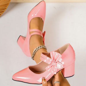 [Free Shipping] 2026 New Spring Collection Of Plus-Size WomenS Single Shoes Featuring A Bow And Chunky High Heels Designed As Princess-Style Formal Shoes