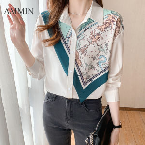 AMMIN Khăn Lụa Khâu Màu Trắng Mới Phong Cách Hàn Quốc Áo Sơ Mi In Họa Tiết Cho Nữ Áo Họa Tiết Hoa Thời Trang Phù Hợp Với Mọi Trang Phục Công Sở Thường Ngày Áo Cánh In Họa Tiết