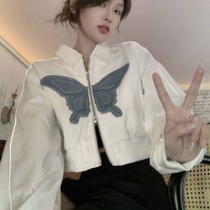 【COD & Ready Stock】HOT SALE butterfly print womens jacket Polo collar long sleeves double opening zipper casual korean style Y2k top㏇X0412