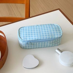 HIROCHAO Polyester Polka Dot Makeup Bag Light Blue Checkered Cosmetic Pouch Cute Multi Size Travel Toiletry Storage Bag Daily Use