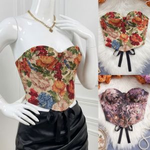 DOOUR Boned Floral Underwired Corset Multi-Color Off-shoulder Strapless Corset Top Vintage Abdominal Shaping Womens Shapewear Daily Streetwear