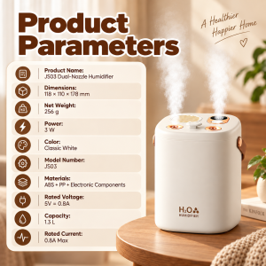 DIODIY Cordless Dual-Nozzle Humidifier 1.3L Large Mist Smart LED Display Quiet Humidifier with Night Light USB-C Rechargeable Low Noise Safe for Home Use