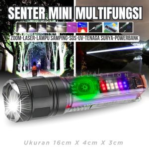 Senter Mini Multiungsi Senter Zoom -Laser- Lampu LED Emergency-SOS-Sinar UV-Tenaga Surya- Power Bank HP MITSUYAMA MS-1237 | Senter Genggam | Senter Tangan | Senter Mini Cas Super Terang | Senter Zoom | Senter Power Bank | Senter Cas Tahan 24 Jam
