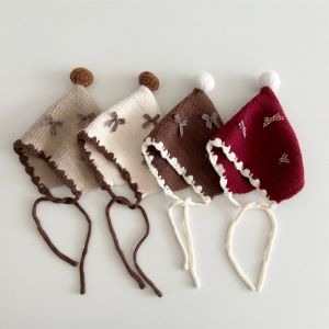 NEMOPH Bowknot Baby Knitted Hat Thickened Windproof Winter Baby Hat Cute Keep Warm Toddler Pointed Beanie Cap for Newborn