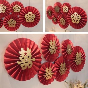 Wedding Day Party Decoration 新款中式ins喜字折纸珍珠红色纸花扇婚房布置装饰大囍字 我们结婚啦 进宅大吉 Red Paper Fan Wedding Room Decoration