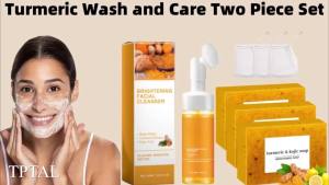 TPTAL Turmeric Wash and Care Two Piece Set Tuemeric Facial Cleanser & Turmeric Soap BarFace & Body Cleanser Tur-meric Face Wash and Natural Turmerics Handmade Soap Deep Cleansing