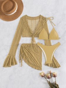 2026 Hot Sale [ Shipped from China ]2025 New European and American style solid color mesh long-sleeve cover-up swimsuit beach bikini two-piece swimsuit womens four-piece set B3