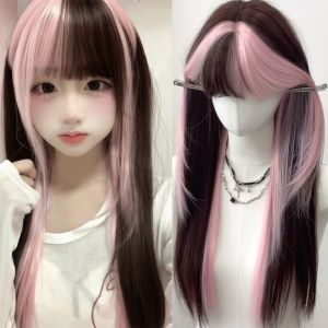 THANKSKY Lolita Tóc giả cosplay tổng hợp Thời trang Tóc nối Tóc dài thẳng có mái Bảo vệ toàn bộ đầu Mềm mại Bộ tóc giả màu hồng nổi bật dành cho phụ nữ