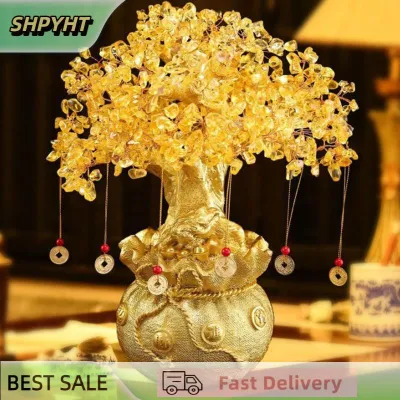 SHPYHT Lucky Tree Wealth Yellow Crystal Tree Natural Money Tree Ornaments Bonsai Style Wealth Luck Feng Shui Ornaments Craft