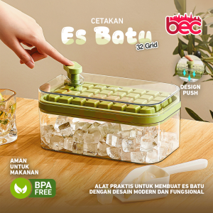 [BEC] Cetakan Es Batu 32 Grid 1 Tray Wadah Transparan / Ice Cube Maker Dengan Press Handle Sekali Tekan