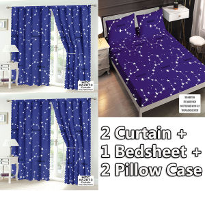 【Free Shipping】 New 5 In 1 Sets Bedsheets Poly Cotton Bed Sheet King Queen Double Size Bedsheet With 2 Pillow Case And Curtains 2pcs Set New Home Decoration Curtains For Windows Cotton High Quality（1 Bedsheet+2 Pillow Case+2 Curtains）