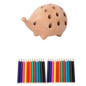 FDGFGG 21 Holes Hedgehog Pen Holder Creative Wooden Art Pencil Stand Set Lovely with 24pcs Colored Pencils Pen Container For Children