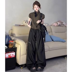 COD黑色工装裤女款2025新款夏季高腰宽松垂感显瘦休闲风速干运动裤子2026新品