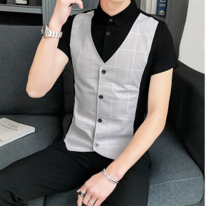 Áo sơ mi nam cộc tay giả gile chất liệu mát thấm hút mồ hôi phù hợp mùa hè oi bức H42