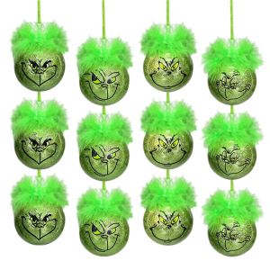 12Pcs/Set Green Christmas Ball Hanging Decor for Christmas Tree Ornaments With Green Hair Cute Fun Hanging Ball Decoration Props