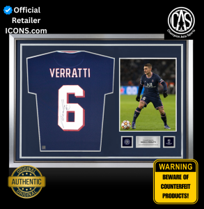 Marco Verratti Official UEFA Champions League Back Signed and Hero Framed Paris Saint-Germain 2021-22 Home Shirt With Fan Style Number