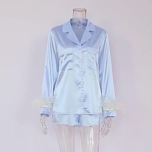 Autumn new artificial silk blue feather detachable long sleeve shorts pajamas French style womens homewear terno㏇X0410