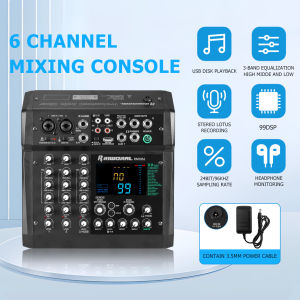 6 channel Metal mixer sound system Dedicated interface for musical instrument pedals Bluetooth 99 DSP effects audio Live function large display screen U disk recording for karaoke performances
