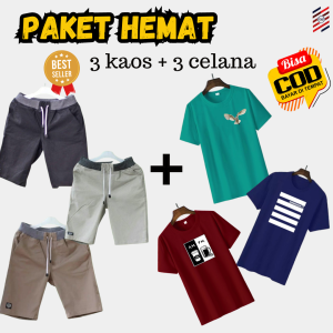 Paket Hemat 3 Celana + 3 Kaos motif 100 Ribu