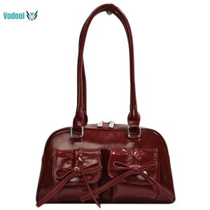 Women Fashion Shoulder Bag Double Pockets PU Leather Daily Commuting Bag with Bow Simple Shopping Bag Solid Color for Outdoor Party [Vodool Official Center]