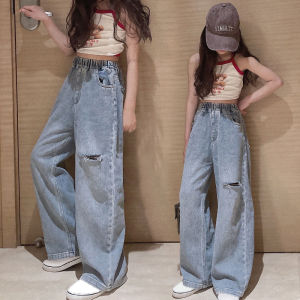 IENENS Kids Baby Girls Jeans Denim Clothing Pants Trousers Children Wears Garments Clothes Elastic Waist Fashion Wide Leg Bottoms 7-13 Years