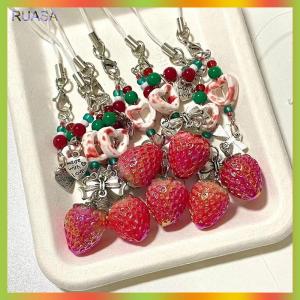 RUASA Unique Sweet Strawberry Phone Charms Pendant Cute Bow Heart Beaded Keychain Camera Schoolbag Decoration Accessories Gifts