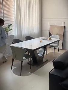 CraftedLiving SG- High-end rectangular stainless steel high-gloss dining table with stone top ideal for small homes