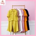 INBY FASHION | Setelan Baju polos bahan cringkel lengan pendek. 