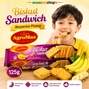 (Agromas) Banana Flavoured Sandwich Biscuits 125g – Crispy & Delicious Cream Filled Biscuits - Tasty Biscuits with Banana Flavoured Cream