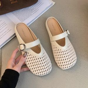 2025 New Summer Half-Slippers For Outdoor Wear Hollow Flat Woven Fishnet Shoes With Closed Toe