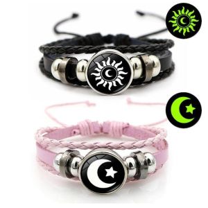 1pcs/2pcs Hand-woven Luminous Sun Moon Bracelet Fashion Multi-Layer Leather Couple Bracelet