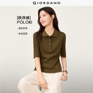 Giordano Beau Monde Women Solid color 1/2 sleeve ribbed knit polo shirt Free Shipping 13316601