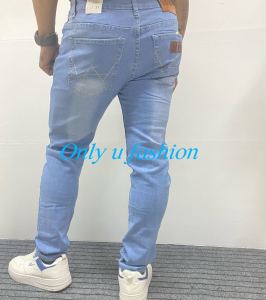 Mens Stretch Korean Fashion skinny Fit Small Foot Tight Baggy Jeans For Men Elastic Waist Denim Pants light blue