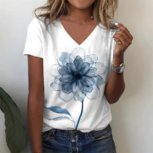 [Local Stock] ZEEMIN New Dandelion Flowers 3D Print T-shirts Women Casual Fashion Streetwear Short Sleeve V-Neck T Shirt Harajuku Tees Tops Clothing