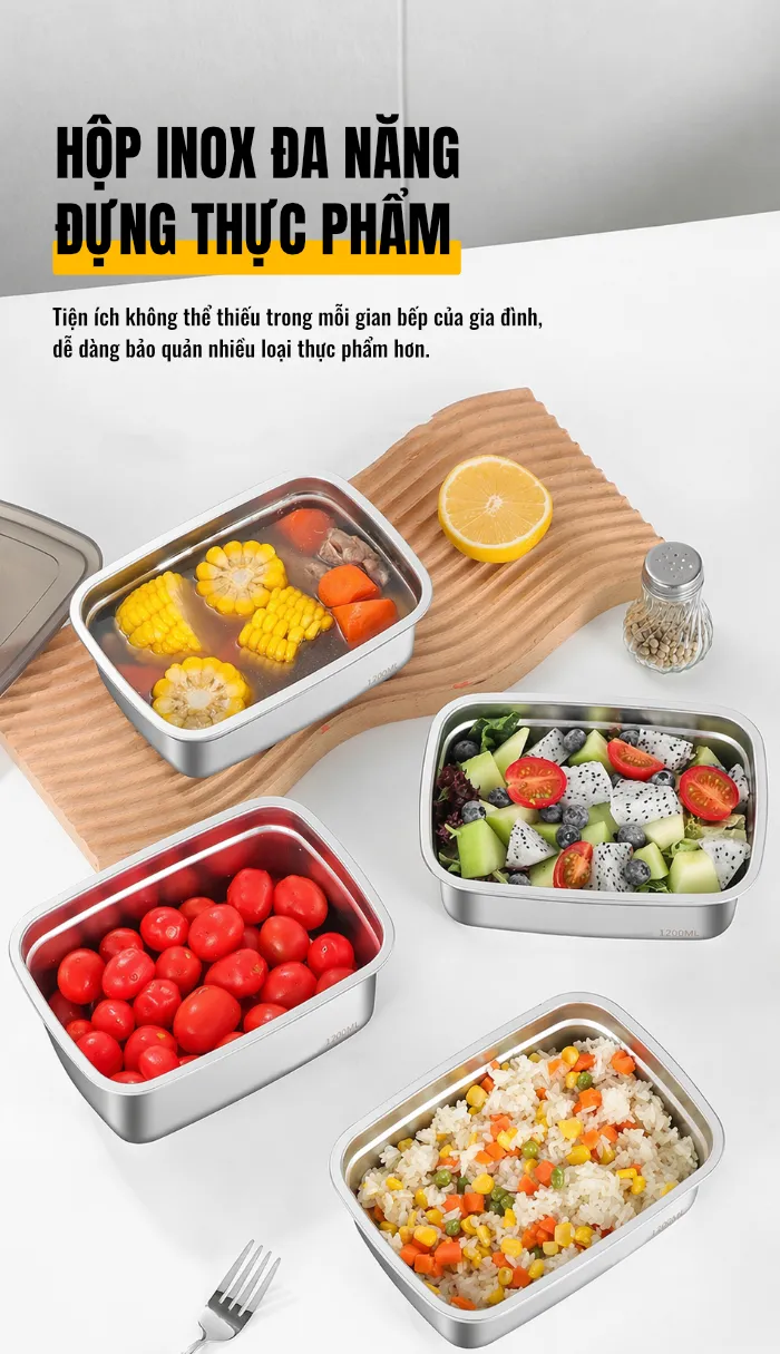 Hộp Đựng Thực Phẩm Inox 304 Có Nắp 1500ml