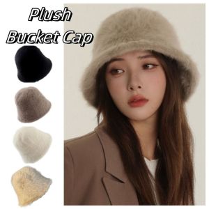 RANZH Warm Plush Bucket Cap Furry Knitted Anti-cold Bucket Hat Soft Solid Color Winter Fisherman Hat Women