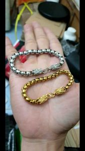 (Có ký hiệu- Dùng trọn đời) Lắc Tay Đầu Rồng Nam Khóa Song Long Màu Bạc-  Dùng thoải mái không hư hỏng không phai màu