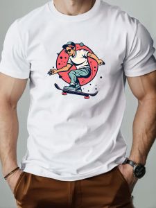 Mens T-Shirt Cartoon Skateboard Pattern Printed Fashion Leisure Sports Mens Round Neck T-shirt High Quality Mens Clothing